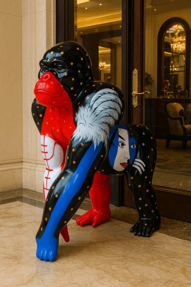 Modern Sanatın Cesur Yüzü: Renkli Fiberglass Gorilla Heykeli (55x78x100 cm)