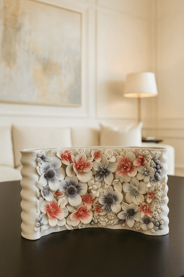 Floral Rölyef Seramik Vazo – 29 x 13 x 17 cm