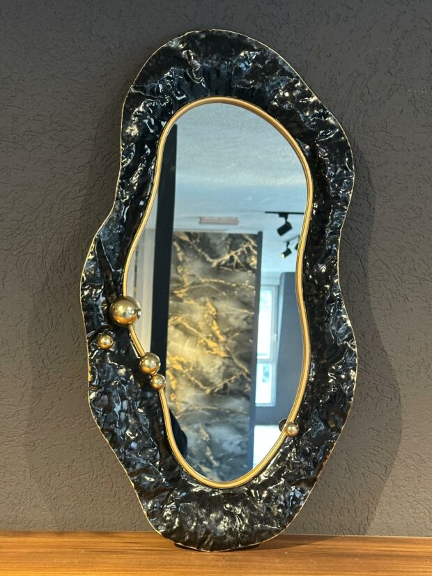 Lüks Siyah Doku ve Altın Detaylı Ayna – 45x83x6 cm - Image 2