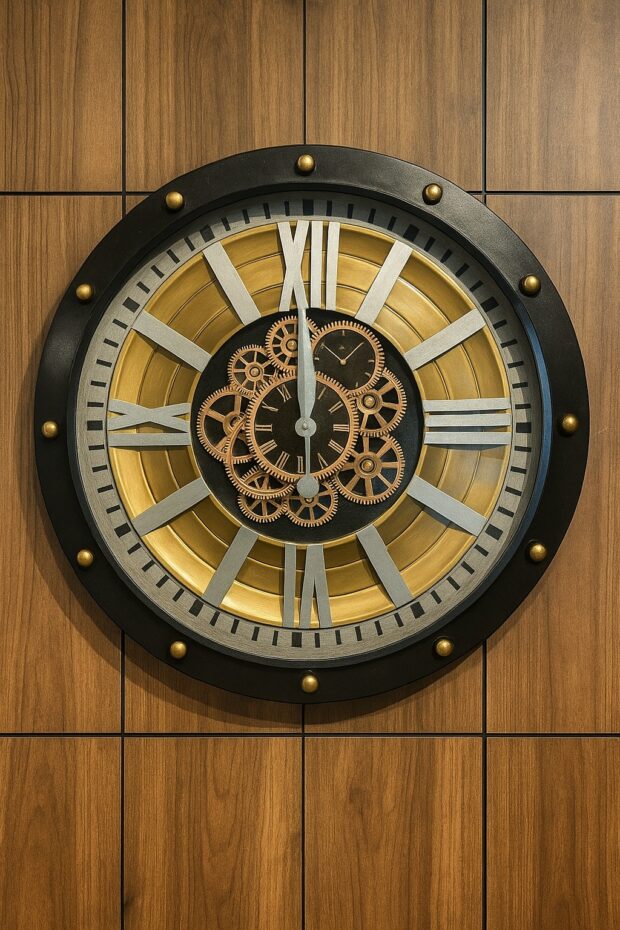 Siyah Metal Çerçeveli Mekanik Görünümlü Duvar Saati – 65x65x9 cm